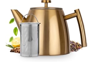 Vaja Trends Théière, 1L doré à Double Paroi en Acier Inoxydable Théière avec Infuseur et Réchaud, Machine à Thé