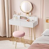 VASAGLE Dressing Table with Stool and Lighting, Socket Strip | Giana RVT019W01 Adjustable Mirror, 2 Drawers, 80 x 40 x 135 cm