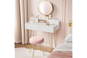 VASAGLE Schminktisch mit Hocker und Beleuchtung, Steckdosenleiste, Spiegel, Frisiertisch, 40 x 80 x 134,8 cm, Kosmetiktisch mit Schubladen, gepolsterter Sitzhocker, mattweiß-blassgold RVT019W01