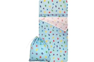 PANINI TESSUTI Set Asilo, Sacco nanna e sacchetto per Bimbo e Bimba da 2 a 6 Anni - Tessuto 100% Cotone Letterine Azzurre Copertina Asilo