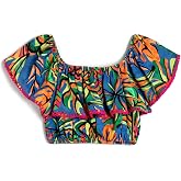 Crop Bluz Kolsuz A&ccedil;ık Omuz Fırfırlı Floral Desenli