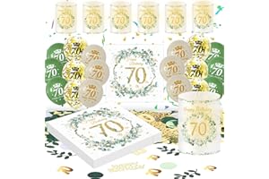 HAPPLIOPLAY Deko 70. Geburtstag Frau Mann, Eukalyptus 70th Happy Birthday Decorations Servietten+Windlicht Tischdeko+Konfetti+Luftballon Grüne Gold, 70 Geburtstag Deko Männer Frauen (70th Birthday Tischdeko)