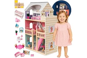 mamabrum Casa de Muñecas de Madera Grande – 3 Pisos con Terraza, Luces LED y Muebles Completos – Casita Muñecas 90x60x30 cm – Estilo Pastel Seguro – para Niñas Desde 3 Años