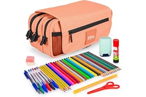 ColePack Kuru - Lote de Estuche Portatodo Triple con 3 Cremalleras y Material Escolar de Primeras Marcas Incluido (Melocotón)