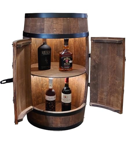 weeco Houten vat met flesopener en wijnrek RGB LED-verlichting. vatbaar 80cm - Rustieke decoratie barkast - huisbar wijnrefal, vat bier, whisky bar. Cadeau voor mannen (lichtbruin/eiken