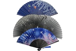 NAILGELER 4 Piéces Éventails Pliants, Pliant Ventilateur, Eventail Pliable en Bambou, Ventilateur de Style Chinois Pliant, Éventail à Main Evantail Pliable Motif, Eventail pour Mariage, Danse(Noir + Bleu)