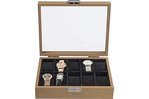 LAUBLUST Uhrenbox MDF 10 Fächer - ca. 26 x 21 x 7 cm, Naturbraun | Uhrenkasten mit Glas-Deckel