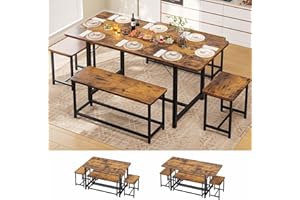 KIMENICH Conjunto Mesa y Sillas Cocina, Mesa de Cocina con Sillas, Mesa de Comedor Extensible, Mesa de Cocina con 2 Taburetes y 2 Bancos, para 8 Personas, Estructura de Metal, Cocina, Comedor, Salón, Marrón
