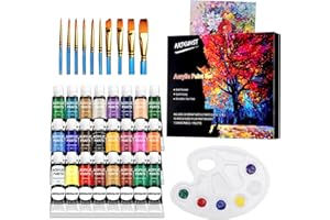 ARTKUNST 36-teiliges Acrylfarben-Set, 24 Tuben Farben mit 10 Pinseln, 1 Leinwand, 1 Mischpalette, ideal für Stein, Leinwand, Papier und Stoffe – für Anfänger & Kinder