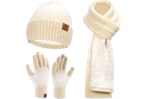 BEQUEMER LADEN Femme Hiver Tricot Bonnet Chapeau Gants Tactiles Longue Echarpe Ensemble avec Doublure en Polaire Chauffants Skull Casquette Gants Foulards