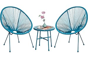 Aweather 3 Piece Acapulco Patio Chair Modern Rattan Patio Bistro Set with Round Chairs and Glass Top Table, Hand Woven Patio Conversation Set, for Backyard or Porch（Blue）