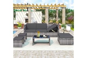 KAYAN 6 Seater Rattan Garden Corner Sofa Set, Outdoor Garden Furniture Set Patio Dining Set with Glass Top Coffee Table, Washable Seat Cushion, Gray