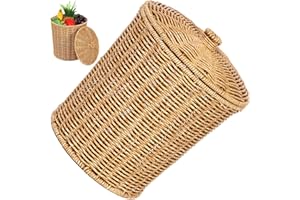 CASILER Cestino Rotondo in Vimini con Cesto in Tessuto per Coperchio Cestino per La Spazzatura del Cestino per La Bianche