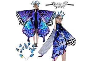 ZHSIHAI Ailes de Papillon Adulte Cape Ailes de Fée Adulte Ailes de Papillon Déguisement Femmes Déguisement Papillon Adulte Châle avec Masque Et Bandeau pour Fête, Bal, Costume (Bleu A)