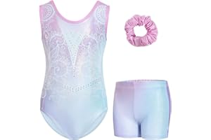 Gogokids Ensemble de Gymnastique Sans Manches pour Filles en Trois Pièces avec Short, Tenues de Gymnastique Scintillantes pour Enfants avec Strass et Design Croisé, Combinaisons Ballet pour âge 3-12