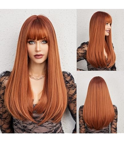 Perruque Synthétique Rousse Longue Avec Frange - Bonnet Inclus, Naturelle, Neuf Sans étiquettes