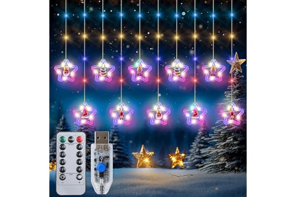 Qoosea Cortina de Luces Navideñas, 100LED Estrellas Cortina de Luz USB, 3M 8 Modos Impermeable Cadena Luces Guirnaldas Interior Exterior Decorativas para Boda Fiesta Jardín, Colores