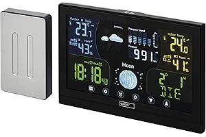 EMOS - Funk-Wetterstation mit Außensensor - Touchscreen-Farbdisplay, Thermometer, Hygrometer, Barometer, Wettervorhersage - DCF Funkuhr - 13 Funktionen - inkl. Netzteil, Wand-/Tischhalterung