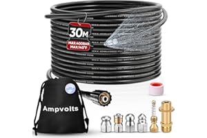 Ampvolts Manguera de Limpieza de Tuberías 30 m – 5800 PSI / 400 Bar, 5 Boquillas y Adaptador Latón Amarillo, Compatible con Karcher K2–K7, Limpieza Eficaz de Tuberías y Desagües