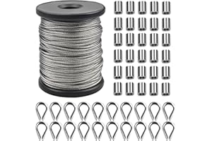 EHUIHUAN Kit de Cables de Acero Inoxidable,50M x 1,5mm Cuerda Tendedero Acero,Picture Hanging Wire Alambre Acero Inoxidable,Cable Metálico con 30PCS Bucle Prensado Aluminio y 20PCS Dedales Cuerda Alambre