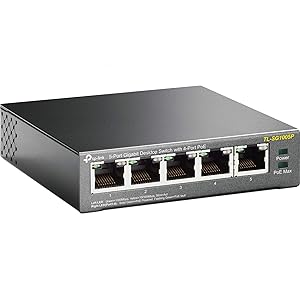 TP-Link TL-SG1005P 5-Port Gigabit PoE Switch (5 Anschlüsse mit 10/ 100/ 1000 Mbit/s, 4 davon mit PoE-Unterstützung, Plug-and-Play, Metallgehäuse)