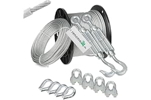 Renomo24 Drahtseil Set 4 - Stahlseil 20m 4mm 6x7 verzinkt und ummantelt, 2x Spannschloss Haken/Öse, 4x Bügelklemmen, 4x Kauschen