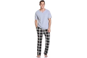 Vlazom Men's Pajamas Set Short Sleeve Soft Cotton Pj's Top and Plaid Pants for Sleepwear Loungewear with Pockets