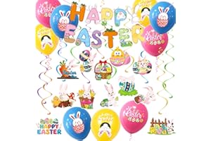 NELOTAOR 31Pcs Easter Decorations, Happy Easter Banner, Easter Rabbit Garland Hanging Swirl with Easter Balloons for Home School Party Decorations