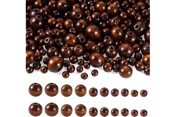 PandaHall Lot de 555 perles rondes en bois marron noix de coco pour fabrication de bijoux - 8/10/12/16/20 mm