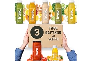 ‎FRANK JUICE Frank Juice Saftkur 3 Tage mit Suppe | 15 x 330ml Säfte + 3 x 350ml Bio Suppen + 3 x 60ml Bio Ingwer Shot | Direktsaft kaltgepresst Vegan | ideale Fastenkur aus frischem Obst & Gemüse (3,75€ Pfand)