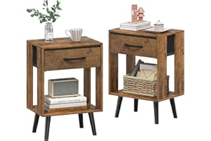 OYRREU Bedside Tables Set of 2, 40X 30 X 60.3cm Brown Bedside Table, 2-Tier Small Bed Side Table Bedroom with Drawers and Open Shelf Nightstand Bedside Cabinet for Gift, Rustic Brown