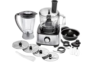 PROFI COOK ProfiCook PC-KM 1063 Robot de cuisine compact avec boîtier en acier inoxydable, couper, pétrir, mixer, presse-agrumes, 1.2L, ouverture de remplissage, avec fonction turbo et 11 accessoires, 1200W