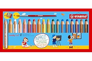 STABILO Lápiz de color multitalento woody 3 en 1 - Estuche con 18 colores + 1 sacapuntas + 1 pincel