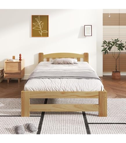 Lit Simple En Bois Massif Naturel 90x200 Cm Avec Tête De Lit Et Sommier à Lattes – Idéal Pour Ado Et Adulte