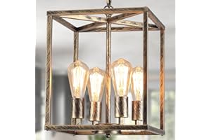 ‎QCYUUI Qcyuui 4-Licht Laterne Kronleuchter Industrie Metall Verstellbare Höhe Foyer Pendelleuchte, Rustikale Bronze Hängende Leuchte für Kücheninsel Bauernhaus Flur