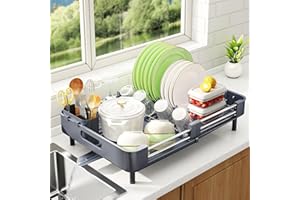 SAYZH Escurreplatos, Escurridor De Platos Extensible(33.5 CM-50 CM) De Gran Capacidad con Soporte Cubiertos Extraíble y Caño De Drenaje Giratorio, para Encimera De Cocina Ahorre Espacio(Gris)