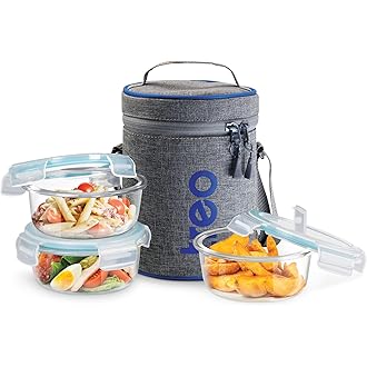 Treo by Milton All Fresh Borosilicate Glass Lunch Box Set of 3, Clear, 400 ml Each with Durable Lunch Bag, Microwave & Dishwasher Safe, Leakproof Cont