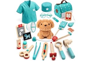 Lehoo Castle Wooden Doctor Kit for Kids, Pretend Playset Pet Doctors Toy | Wood Play Doctor Set with Medical Tools,Suitcase, Educational Role Play Toy, Gift for Boys Girls Ages 3 4 5 6 (Green)
