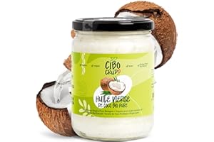 CIBO CRUDO CRUDO BIOLOGICO VEGAN Huile de Coco Bio - 500 ml. Huile de Noix de Coco Alimentaire Pur. Huile de coco pour Cheveux Corps et Visage. Liquide au-dessus de 23° Beurré/Beurre en dessous. Organic Coconut Oil.