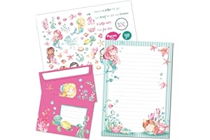 Papierdrachen Set di 50 fogli stampati colorati, carta da lettere con fogli adesivi, 20 buste stampate, idea regalo per bambini, sirena