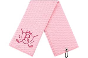 CGFN Golf Towel Gift, Golf Gifts for Men, Women Microfiber Waffle Golf Towels with Embroidered Monogrammed |16”x 24”Golf Towels for Golf Bags with Clip for Men (Pink, Initial-R)