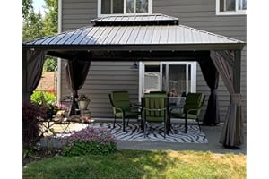 PURPLE LEAF Tonnelle de Jardin Exterieur 4,85 x 3,65 m Pergola Aluminium avec Moustiquaire et Rideaux Pavillon de Jardin à Double Toit Acier Galvanisé, Gris