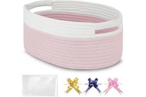 BOSROTY Small Woven Basket with Gift Bags and Ribbons, Empty Baby Gift Baskets for Kids Women Men, Nursery Storage, Small Cat Dog Pet Toy Boxes, 33 x 23 x 14 CM, Light Pink