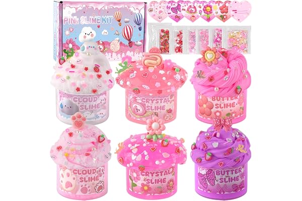 LAWOHO Kit de Slime Rose 6 Packs - Cloud, Butter & Clear, Fluffy pour Enfants avec Add-ins Variés, Party Favors pour Filles et Garçons, 360ml (Picnic)
