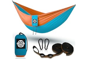 Monkey Swing Ultralight Hammock incl. Carabiners & Heavy-Duty Tree Straps (Up to 300 kg Load, 275 x 140 cm) – Ideal Camping Hammock for Outdoor, Trekking & Travel (Turquoise/Orange)