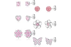 CASSIECA 6 Paar Ohrstecker 925 Sterling Silber Mädchen Kinder Ohrschmuck Medizinische Ohrstecker Herz Blume Ohrringe CZ Kommunion Geburtstag Geschenke Weihnachten für Mädchen in Schmuck Geschenk Box