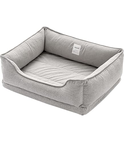Benetton Haustierbett Grau – 65x50x20 Cm, Mit Maschinenwaschbarem Bezug & Napfset Aus Edelstahl/Bambus Für Mittelgroße Hunde