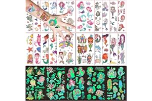 FLYFTREY Tatuajes Temporales para Niños Niñas, 250 Tatuajes Sirena, 20 hojas Tatuajes de dibujos animados y 5 hojas Tatuajes que brillan la oscuridad, Regalos de CumpleañOs Festivales Suministros Fiestas