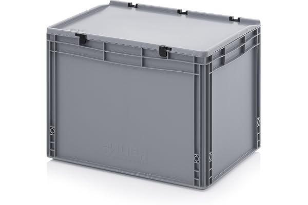 Eurobehållare – Eurobox 60x40x43,5 cm med öppna handtag och gångjärnslock, inkl. gratis tumstång