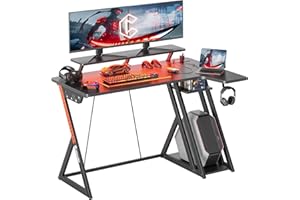 CubiCubi L Shaped Gaming Desk with Power Outlets & LED Lights, 120 x 50 cm Computer Desk with Monitor Stand, Office Desk Small Table with Shelves & Hooks, for Study Play Work Home Office, Black